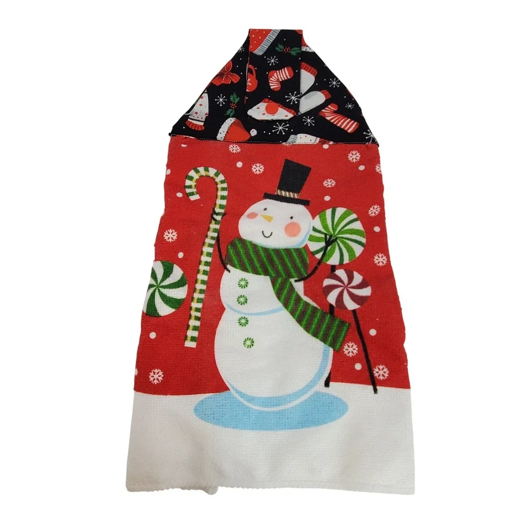 Handmade Christmas Snowman Hanging Kitchen Towel Red Waffle Weave Holiday Decor